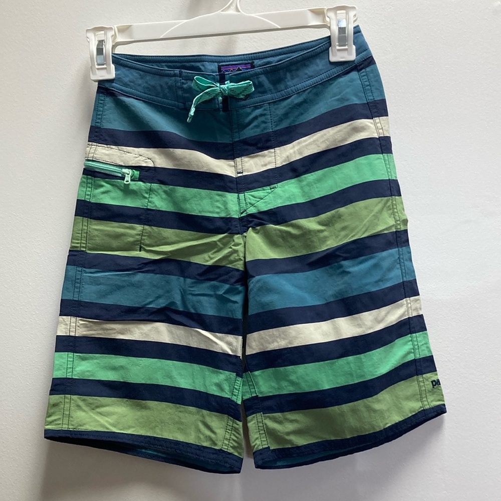 Patagonia Boys Striped Swim Shorts - Blue and Green